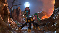 Size: 1920x1080 | Tagged: safe, artist:certedia, artist:discopears, character:princess celestia, species:alicorn, species:pony, 3d, angry, armor, embers, female, fire, looking at you, moon, scenebuild, solo, source filmmaker, warrior, warrior celestia