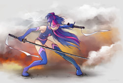 Size: 1588x1080 | Tagged: safe, artist:vyazinrei, character:twilight sparkle, species:human, boots, clothing, evening gloves, female, fire, gloves, humanized, katana, latex, latex boots, latex gloves, leotard, long gloves, magic gaia, protective glasses, request, shoes, smoke, solo, superhero, sword, thigh boots, weapon