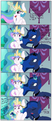 Size: 2875x6609 | Tagged: safe, artist:zyncrus, character:princess celestia, character:princess luna, species:alicorn, species:pony, abuse of power, barehoof, cake, cakelestia, comic, cupcake, cute, cutelestia, dialogue, food, funny, happy birthday mlp:fim, mlp fim's ninth anniversary, text, tongue out