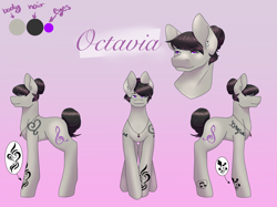 Size: 2732x2048 | Tagged: safe, artist:blacksky1113, character:octavia melody, species:earth pony, species:pony, icey-verse, alternate hairstyle, commission, ear piercing, earring, female, gradient background, hair bun, heart, implied lesbian, implied scratchtavia, implied shipping, implied vinyl scratch, jewelry, mare, necklace, piercing, reference sheet, ring, solo, tattoo, wedding ring