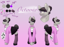Size: 2732x2048 | Tagged: safe, alternate version, artist:blacksky1113, character:octavia melody, species:earth pony, species:pony, icey-verse, alternate hairstyle, bow tie, cardigan, clothing, commission, ear piercing, earring, female, flats, gradient background, hair bun, heart, implied lesbian, implied scratchtavia, implied shipping, implied vinyl scratch, jewelry, mare, necklace, piercing, reference sheet, ring, shirt, shoes, skirt, socks, solo, stockings, tattoo, thigh highs, wedding ring