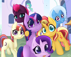 Size: 4993x4000 | Tagged: safe, artist:those kids in the corner, character:fizzlepop berrytwist, character:moondancer, character:princess celestia, character:starlight glimmer, character:sunset shimmer, character:tempest shadow, character:trixie, character:twilight sparkle, character:twilight sparkle (unicorn), species:alicorn, species:pony, species:unicorn, absurd resolution, broken horn, canterlot, castle, counterparts, cute, dancerbetes, diatrixes, female, filly, filly moondancer, filly starlight glimmer, filly sunset shimmer, filly tempest shadow, filly trixie, filly twilight sparkle, glimmerbetes, group photo, happy, horn, hug, looking at you, photo, shimmerbetes, smiling, speedpaint, speedpaint available, store, tempestbetes, tongue out, twiabetes, twilight's counterparts, unicorn master race, younger