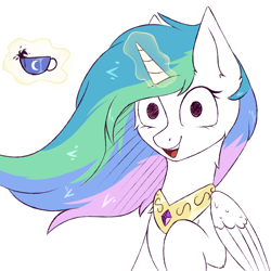 Size: 1024x1024 | Tagged: safe, artist:glazirka, character:princess celestia, species:alicorn, species:pony, cup, female, glowing horn, good morning, horn, magic, mare, messy mane, morning ponies, open mouth, peytral, raised hoof, simple background, smiling, solo, teacup, telekinesis, white background
