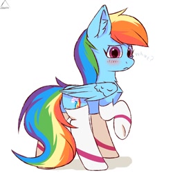 Size: 1200x1200 | Tagged: safe, artist:glazirka, character:rainbow dash, species:pegasus, species:pony, :<, blushing, chest fluff, clothing, ear fluff, female, looking at you, looking back, looking back at you, mare, question, raised hoof, simple background, socks, solo, white background
