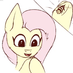 Size: 1200x1200 | Tagged: safe, artist:glazirka, character:fluttershy, species:pegasus, species:pony, angry, bee, bust, buzzing, bzzzzz, female, hoof hold, insect, looking at something, looking down, mare, no pupils, onomatopoeia, open mouth, smiling, underhoof