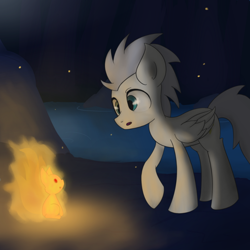 Size: 800x800 | Tagged: safe, artist:muffinsforever, species:pegasus, species:pony, animal, blank flank, fire, great scott (character), male, night, squirrel, stallion