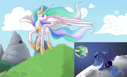 Size: 1212x735 | Tagged: safe, artist:tenchi-outsuno, character:princess celestia, character:princess luna, species:alicorn, species:pony, crying, duo, duo female, female, flying, looking back, mare, moon, princess, s1 luna, sisters
