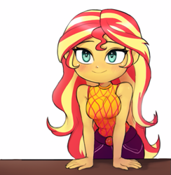 Size: 535x548 | Tagged: safe, artist:nairdags, character:sunset shimmer, episode:let it rain, g4, my little pony: equestria girls, my little pony:equestria girls, spoiler:eqg series (season 2), arm boob squeeze, blushing, breasts, cute, female, shimmerbetes, simple background, smiling, solo, white background