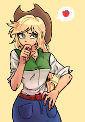 Size: 527x756 | Tagged: safe, artist:nairdags, character:applejack, my little pony:equestria girls, apple, beautiful, belt, clothing, cowboy hat, cowgirl, cute, denim skirt, dialogue, female, food, freckles, green eyes, hand on hip, hat, jackabetes, pictogram, simple background, skirt, solo, speech bubble, stetson, that pony sure does love apples, thinking, woman, yellow background, yellow hair