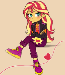 Size: 583x678 | Tagged: safe, artist:nairdags, character:sunset shimmer, g4, my little pony: equestria girls, my little pony:equestria girls, spoiler:eqg series (season 2), blushing, crossed arms, crossed legs, cute, female, heart, shimmerbetes, sitting, solo, tan background