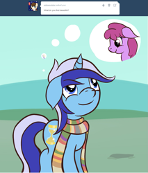 Size: 1015x1193 | Tagged: safe, artist:captainbritish, character:berry punch, character:berryshine, character:minuette, species:pony, clothing, colgateanswers, filly minuette, scarf, thought bubble, younger