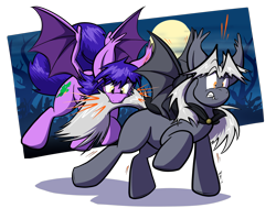 Size: 3500x2644 | Tagged: safe, artist:virmir, oc, oc only, oc:amethyst sniper, oc:virmare, oc:virmir, species:bat pony, species:pony, bat ponified, bat pony oc, bat tag 2019, biting, cape, clothing, full moon, moon, race swap, simple background, tail bite, transformation, transparent background