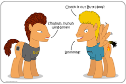 Size: 3000x2000 | Tagged: safe, artist:larsurus, species:earth pony, species:pegasus, species:pony, beavis, beavis and butthead, butthead, clothing, dialogue, male, ponified, spread wings, stallion, wingboner, wings
