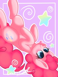 Size: 1536x2048 | Tagged: safe, artist:sweetkllrvane, character:pinkie pie, species:earth pony, species:pony, blep, cute, cutie mark, diapinkes, female, on back, silly, solo, stars, tongue out