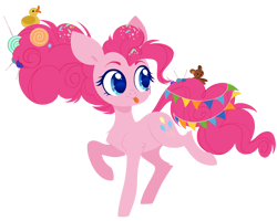 Size: 5000x4000 | Tagged: safe, artist:belka-sempai, character:pinkie pie, species:earth pony, species:pony, episode:the last problem, g4, my little pony: friendship is magic, candy, candy in hair, chest fluff, confetti, confetti in mane, cute, diapinkes, female, food, head turn, hooves, lineless, lollipop, looking away, looking sideways, mare, older, older pinkie pie, raised hoof, raised leg, rubber duck, simple background, solo, standing, teddy bear, three quarter view, tongue out, toy, transparent background