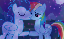 Size: 1180x720 | Tagged: safe, artist:mlplary6, character:rainbow dash, character:soarin', species:pegasus, species:pony, ship:soarindash, female, kissing, male, mare, moon, night, shipping, stallion, straight