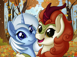 Size: 2500x1875 | Tagged: safe, artist:prismawatercolor, character:autumn blaze, oc, oc:eula phi, species:kirin, species:pony, species:unicorn, autumn, awwtumn blaze, cheek squish, cute, female, hug, leaves, mare, not trixie, running of the leaves, smiling, squishy cheeks, tree
