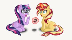 Size: 960x540 | Tagged: safe, artist:pabrony83, character:sunset shimmer, character:twilight sparkle, character:twilight sparkle (scitwi), species:pony, species:unicorn, ship:scitwishimmer, ship:sunsetsparkle, my little pony:equestria girls, cute, engagement ring, equestria girls ponified, fanfic art, female, glasses, happy, lesbian, marriage proposal, ponified, ponytail, shimmerbetes, shipping, smiling, surprised, twiabetes, unicorn sci-twi