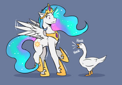 Size: 1437x1000 | Tagged: safe, artist:lostdreamm, character:princess celestia, species:alicorn, species:bird, species:pony, chest fluff, duo, fear, female, goose, gray background, honk, jewelry, mare, motion lines, regalia, simple background, surprised, untitled goose game, wing flap