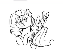 Size: 1080x926 | Tagged: safe, artist:kylesmeallie, character:angel bunny, character:fluttershy, species:pegasus, species:pony, species:rabbit, animal, black and white, concerned, duo, female, grayscale, looking at you, mare, monochrome, spread wings, three quarter view, wings
