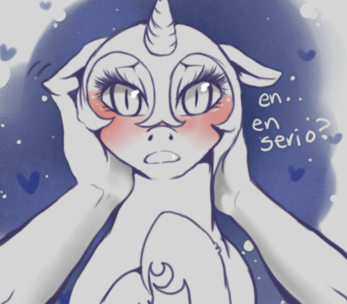 Size: 500x439 | Tagged: safe, artist:sincerelymrbear, character:nightmare moon, character:princess luna, species:human, species:pony, animated, blushing, cute, eye shimmer, eyelashes, female, floppy ears, fluffy, heart, human on pony action, looking at you, moonabetes, offscreen character, on back, pov, spanish, tsundere, tsundere moon