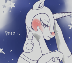 Size: 500x439 | Tagged: safe, artist:sincerelymrbear, character:nightmare moon, character:princess luna, species:human, species:pony, blushing, cute, human on pony action, moonabetes, spanish, tsundere, tsundere moon