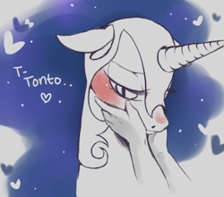 Size: 500x439 | Tagged: safe, artist:sincerelymrbear, character:nightmare moon, character:princess luna, species:human, species:pony, baka, blushing, cute, floppy ears, human on pony action, moonabetes, spanish, tsundere, tsundere moon