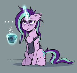 Size: 1000x948 | Tagged: safe, artist:lostdreamm, character:starlight glimmer, species:pony, species:unicorn, bags under eyes, clothing, female, glowing horn, horn, mare, messy mane, morning ponies, mug, not a morning pony, solo, tank top