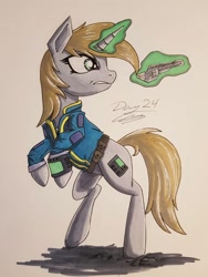 Size: 774x1032 | Tagged: safe, artist:sigilponies, oc, oc only, oc:littlepip, species:pony, species:unicorn, fallout equestria, inktober, clothing, fanfic, fanfic art, female, glowing horn, gun, handgun, hooves, horn, inktober 2019, levitation, little macintosh, magic, mare, pipbuck, rearing, revolver, simple background, solo, telekinesis, traditional art, vault suit, weapon