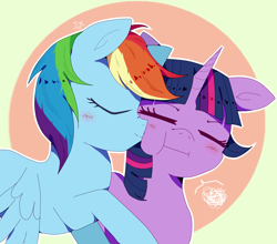 Size: 1702x1500 | Tagged: safe, artist:stuwor-art, character:rainbow dash, character:twilight sparkle, species:pegasus, species:pony, ship:twidash, blushing, female, kiss on the cheek, kissing, lesbian, shipping