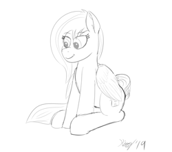 Size: 1800x1600 | Tagged: safe, artist:kalashnikitty, oc, oc only, oc:flugel, species:pegasus, species:pony, black and white, female, grayscale, happy, lineart, mare, monochrome, signature, sit, sitting, sketch, smiling, solo, wings