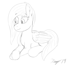 Size: 1800x1600 | Tagged: safe, artist:kalashnikitty, oc, oc:flugel, species:pegasus, species:pony, black and white, crossed hooves, female, grayscale, mare, monochrome, prone, sketch, smiling, smirk, solo, wings