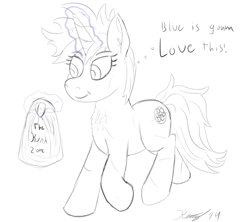 Size: 1800x1600 | Tagged: safe, artist:kalashnikitty, oc, oc:six-shooter, species:pony, species:unicorn, fallout equestria, black and white, female, glowing horn, grayscale, happy, horn, lineart, magic, mare, monochrome, plastic bag, sketch, solo, speech, telekinesis, thought bubble, trotting
