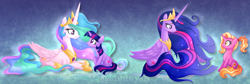 Size: 2616x875 | Tagged: safe, artist:kimmyartmlp, character:luster dawn, character:princess celestia, character:twilight sparkle, character:twilight sparkle (alicorn), character:twilight sparkle (unicorn), species:alicorn, species:pony, species:unicorn, episode:the last problem, g4, my little pony: friendship is magic, big crown thingy 2.0, cute, cutelestia, end of ponies, ethereal mane, full circle, looking at each other, lusterbetes, mama twilight, momlestia, motherly, princess twilight 2.0, prone, signature, sitting, smiling, teacher and student, twiabetes
