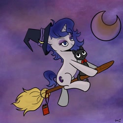 Size: 2048x2048 | Tagged: safe, artist:amynewblue, oc, oc only, oc:moonlit silver, species:pony, species:unicorn, bow tie, broom, cat, clothing, commission, crescent moon, flying, flying broomstick, halloween, hat, holiday, magic, moon, night, solo, witch, witch hat