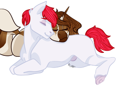 Size: 4961x3496 | Tagged: safe, artist:midnight-drip, oc, oc only, species:earth pony, species:pony, species:unicorn, cuddling, female, male, mare, prone, simple background, stallion, transparent background