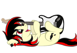 Size: 1024x695 | Tagged: safe, artist:russiankolz, oc, oc:raven fear, species:pony, cute, electric guitar, guitar, happy, lying down, musical instrument, shining eyes, simple background, solo, starry eyes, transparent background, wingding eyes