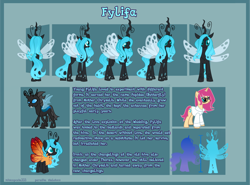 Size: 5650x4188 | Tagged: safe, artist:paradiseskeletons, oc, oc:queen fylifa, species:changeling, species:pony, species:unicorn, blue changeling, changeling oc, changeling queen, changeling queen oc, disguise, disguised changeling, drone, glowing mane, reference sheet
