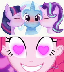 Size: 852x955 | Tagged: safe, artist:samyvillaly, edit, character:pinkie pie, character:starlight glimmer, character:trixie, character:twilight sparkle, ship:startrix, ship:twixie, episode:coinky-dink world, eqg summertime shorts, g4, my little pony: equestria girls, my little pony:equestria girls, female, heart eyes, lesbian, meme, pinkie's eyes, shipping, startwitrix, trixie gets all the mares, twixstar, wingding eyes
