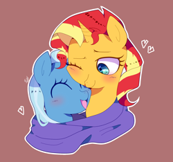 Size: 1602x1500 | Tagged: safe, artist:stuwor-art, character:sunset shimmer, character:trixie, species:pony, species:unicorn, ship:suntrix, blushing, cute, diatrixes, female, lesbian, shimmerbetes, shipping