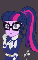 Size: 540x851 | Tagged: safe, artist:pabrony83, character:twilight sparkle, character:twilight sparkle (scitwi), species:eqg human, species:human, my little pony:equestria girls, blue ranger, crossover, cutie mark, female, glasses, kyōryū sentai zyuranger, mighty morphin power rangers, ponytail, power rangers, smiling, solo, super sentai