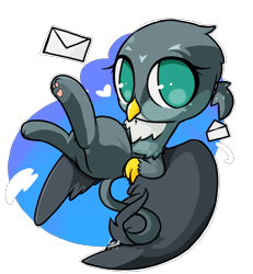 Size: 500x540 | Tagged: safe, artist:penpale-heart, character:gabby, species:griffon, abstract background, chibi, cute, envelope, female, gabbybetes, heart, letter, no pupils, redraw, solo