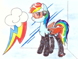 Size: 1032x774 | Tagged: safe, artist:zocidem, character:rainbow dash, species:pegasus, species:pony, augmented, biohacking, crossover, cutie mark, cutie mark background, cyborg, deus ex, drawing, female, presenting, simple background, solo, technology, traditional art
