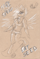 Size: 1034x1528 | Tagged: safe, artist:loki-bagel, oc, oc only, oc:terracotta, species:anthro, species:hippogriff, clothing, female, fit, grabby boi, scan, shorts, skateboard, solo, sunglasses, tank top, traditional art