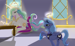 Size: 1225x743 | Tagged: safe, artist:php44, artist:tenchi-outsuno, character:princess celestia, character:princess luna, species:alicorn, species:pony, bed mane, duo, duo female, female, mare, messy mane, s1 luna, sisters, teapot