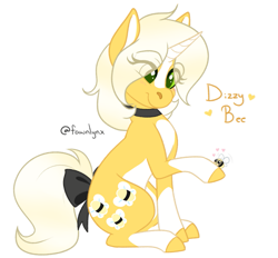 Size: 1015x942 | Tagged: safe, artist:frostedpuffs, oc, oc only, oc:dizzy bee, species:pony, species:unicorn, bee, bow, female, heart, insect, mare, simple background, sitting, solo, tail bow, white background