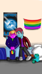 Size: 540x960 | Tagged: safe, artist:pabrony83, oc, oc:iron wingheart, oc:quasar(wingman), species:human, my little pony:equestria girls, arm around back, beanie, bed, bedroom, blanket, clothing, comforting, commission, crying, detroit lions, detrot, equestria girls-ified, flannel shirt, gay, gay pride flag, hand on shoulder, hat, hoodie, male, pillow, plushie, poster, pride, sad, shoes, sitting, story included, teary eyes, teenager