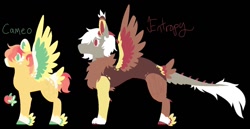 Size: 1244x642 | Tagged: safe, artist:lepiswerid, oc, oc:cameo (lepiswerid), oc:entropy (lepiswerid), parent:big macintosh, parent:discord, parent:fluttershy, parents:discoshy, parents:fluttermac, species:draconequus, species:pegasus, species:pony, marsverse, black background, colored hooves, feathered fetlocks, half-siblings, hybrid, interspecies offspring, male, mane, offspring, parents:fluttercordmac, simple background, spikes, tail, tail feathers