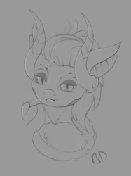 Size: 1628x2180 | Tagged: safe, artist:batsdisaster, species:pony, bust, devil horns, devil tail, fangs, female, grayscale, horns, imp, looking at you, mare, mercy, monochrome, overwatch, ponified, sketch, smiling, solo, tail