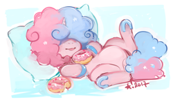 Size: 1046x619 | Tagged: safe, artist:stardrawsponies, oc, oc only, oc:sugarush, species:pony, species:unicorn, candy, candy pony, chubby, colored hooves, cotton candy, donut, female, food, food pony, hair over eyes, mare, original species, pillow, ponified, solo, tongue out, underhoof
